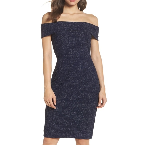 Eliza J | Off the Shoulder Metallic Sheath Dress - Picture 1 of 6